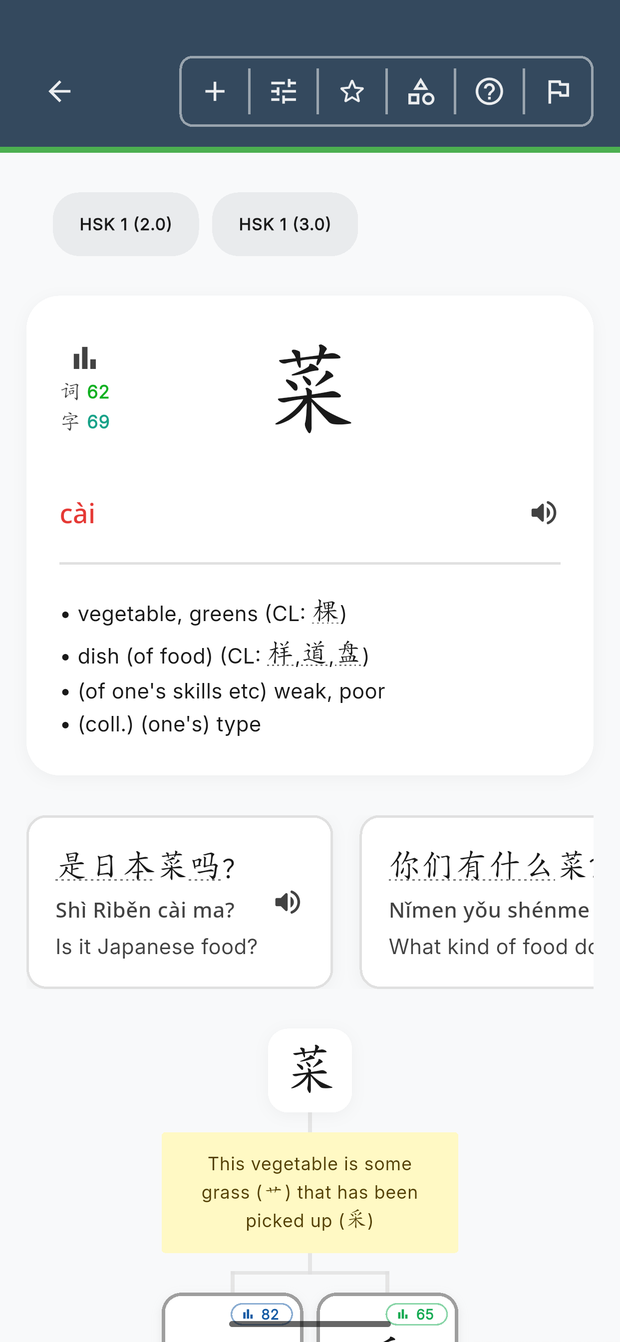 Word detail with meanings, pinyin, audio and examples