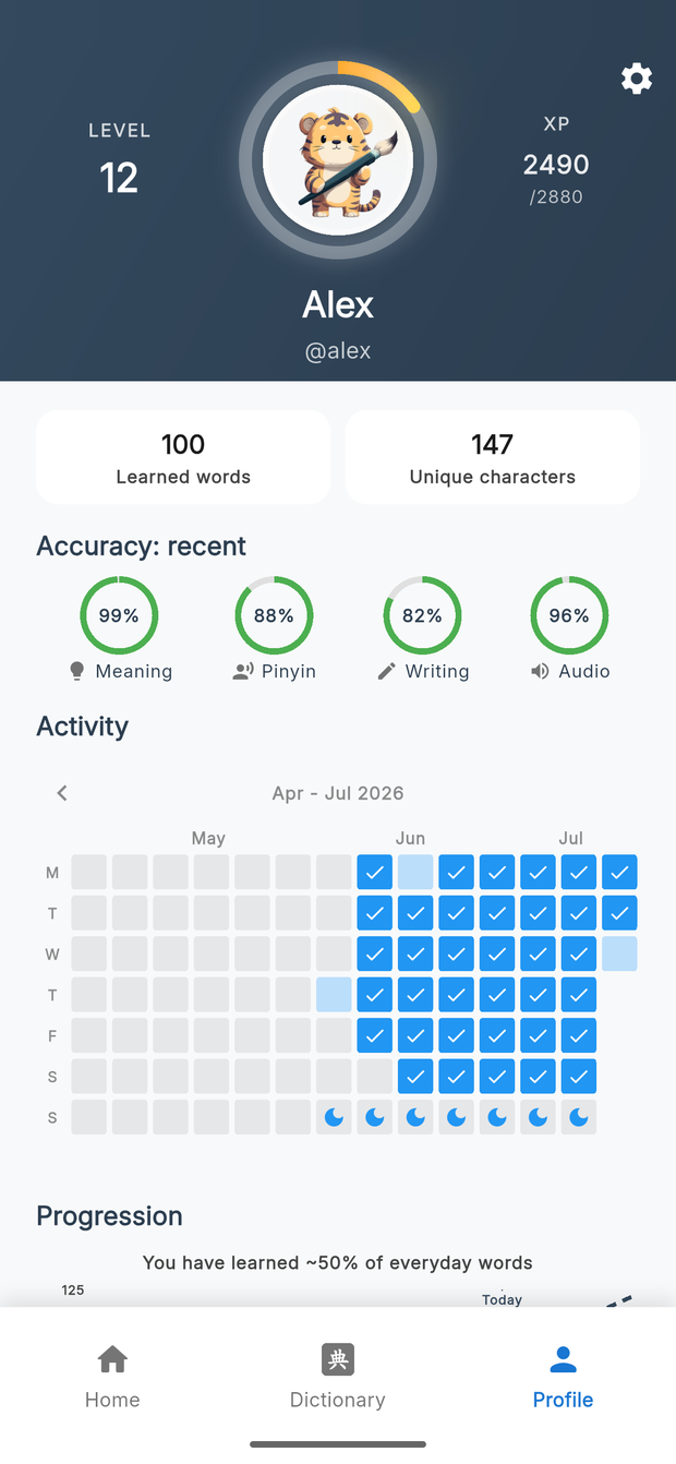 Profile screen with level, accuracy and study activity