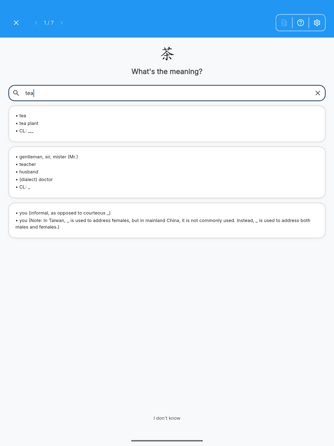 Meaning quiz on a tablet